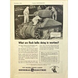 General Electric Mazda Photo Lamps "GE Flash Shot of General Sherman Tank"Ad '43